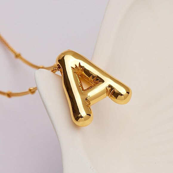 Gold Bubble Letter Necklace for Women, Dainty 14K Plated Balloon Initial Pendant - Picture 2 of 7
